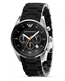 From Emporio Armani, a black chronograph watch with round dial and three eyes. Black silicon wrapped stainless steel bracelet. Sweep secondhand.