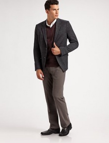 Sleek, modern style without equal in fine Italian virgin wool with a straight-leg fit and a hint of stretch ease. Side slash, back flap pocketsInseam, about 3495% virgin wool/5% elastaneDry cleanImported