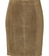 Luxurious skirt in fine, doe-colored brown suede - Ultra-exclusive and ultra-elegant pencil cut with relaxed thigh length - Side concealed zipper closure and subtle, back vent - Dramatic piece for day or evening - Wear to the office with a silk blouse, blazer and heels