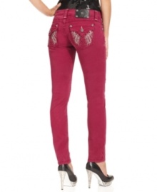 Rhinestone & embroidered back pockets add eye-catching appeal to these colored-denim Miss Me skinny jeans -- perfect for daytime glam!