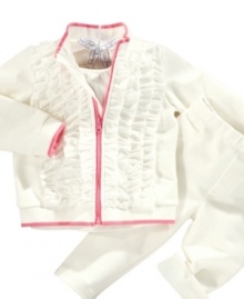 Pretty up her sporty side with this cute shirt, jacket and pant set from First Impressions.