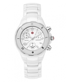 Michele Tahitian fashionable and sporty ceramic bracelet watch has three-eye chronograph functionality. Date window. Swiss movement. Water-resistant to 5 ATM (50 meters). Ceramic bracelet-style band. Signature MW crown. K-1 mineral crystal. Enamel dial.