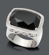 Get ready for an evening out on the town with this bold statement ring. Crafted in sterling silver with an intricate side design, a large cushion-cut onyx (13 x 8 mm) serves as the focal point. Size 7.