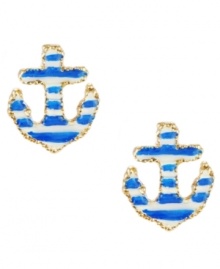 Ships ahoy! Betsey Johnson's petite anchor studs feature a blue and white enamel stripe set in antique gold-plated mixed metal. Approximate diameter: 1/2 inch.