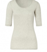 Easy to style and effortlessly chic, this cashmere-blend elbow sleeve tee from Majestic is a new-season must-have - Round neck, elbow sleeves, slim fit, long body - Pair with skinny jeans, a boyfriend blazer, and ankle booties