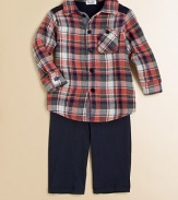 A smart set for ultra-hip little ones, with a rugged plaid top and comfy matching pants. Shirt Point collarButton frontLong sleeves with button cuffsDecorative chest patchContrast back panelCurved hem Pants Pull-on styleCottonMachine washImported Please note: Number of buttons may vary depending on size ordered. 