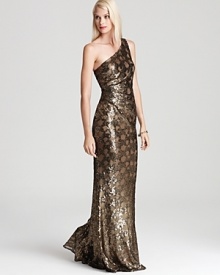 Sparkling sequins form a subtle pattern on David Meister's one-shouldered gown.