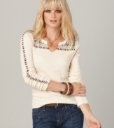 The basic thermal gets an eclectic update in this top from Lucky Brand Jeans! Studded embroidery makes it vintage-chic when you pair it with corduroys. (Clearance)