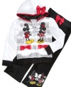 Cute, cozy pants feature a kiss graphic of Minnie and Mickey to make her style look sweeter.