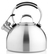 Perfect for posh gatherings, this sleek, stainless steel tea kettle is accented with a soft, silicone rubber handle in coordinating colors. When water comes to a boil, a harmonious whistle lets you know it's tea time. Hassle-free replacement warranty.