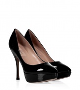 Finish your outfit on a sharply tailored note with Valentinos jet black patent leather platform pumps - Pointed almond toe, platform, slips on - Stiletto high-heel - Wear with everything from ankle jeans and pullovers to party dresses