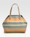 Striped canvas pairs with luxe ostrich-stamped leather in a roomy carryall.Shoulder straps, 8½ dropHook-and-strap closureOne inside zip pocketCotton lining14¾W X 12¾H X 6DImported