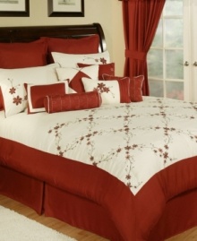 Deep red brings a romantic touch to your room in this Chelsea comforter set, featuring a delicate floral design flowing on a crisp white ground. Comes complete with coordinating window treatments, shams, and six decorative pillows for a graceful new look full of depth and style.