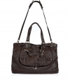 Contemporary daytime looks get a kick of downtown-cool with Vanessa Brunos super soft mocha leather convertible tote - Magnetic top snap, zippered front pocket, luggage tag and key ring, belted top, removable buckled shoulder strap, two internal sections, zippered middle pocket, inside zippered back wall pocket, two front wall slot pockets - Perfect for work or city excursions