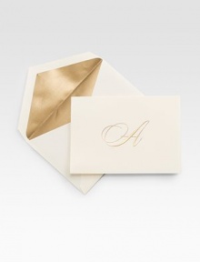 A collection of elegant, classically-detailed notecards are hand-engraved with a single script initial in gold. A thoughtful gift for the newlywed, college grad and every loved one. Includes 40 notecards with matching envelopes High-quality cotton fiber paper Each, 5¾W X 4H Made in USA 