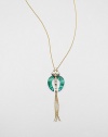 From the Lucite Teatro Moderne Collection. Two graceful cresents of hand-painted, hand-sculpted Lucite, with the rich coloration of malachite, are embellished with faceted Swarovski crystals that hold a golden chain tassel.CrystalLuciteGoldtoneChain length, about 32Lobster claspMade in USA