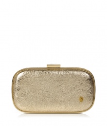 Deck the Halls and your wardrobe with Anya Hindmarchs Marano Music Box clutch - a fantastically festive take on this favorite style - Wind up mechanism on the outside turns clockwise to play music box - Gold-toned frame with logo clasp, metallic gold crinkle leather, inside back wall slot pocket - Pair with flirty cocktail dresses and matching metallic accessories