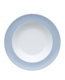 Rosenthal's Sunny Day soup bowl shines on casual tables with sky-blue accents in dishwasher-safe porcelain. A perfect size for pasta, too!