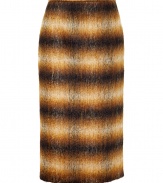 Channel retro-chic style with this figure-enhancing mohair-blend skirt from Michael Kors - Fitted silhouette, back slit, concealed back zip closure, all-over abstract check print - Wear with a tie-neck blouse and classic pumps