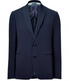 Elegant jacket in fine, navy stretch cotton - Modern silhouette is narrow and straight - Blazer style with medium-width lapels and two-button closure - Chest pocket and welt pockets at sides - Vibrant, classic Etro paisley silk interior lining at collar - Polished and cool, ideal for both day and evening - Works just as well with suit trousers as it does with jeans and chinos