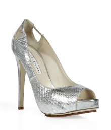 Get the look of the moment in these luxe metallic peep-toe python pumps from Burak Uyan - Peep-toe, front platform, cut out detail at heel, ultra-high stiletto heel - Wear with a figure-hugging cocktail dress and a statement clutch