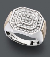 A diamond ring with stately design. This Men's ring features a 14k gold and sterling silver setting with a unique pattern in round-cut diamond (1 ct. t.w.). Size 10-1/2.