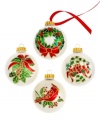 Christmas wreath, mistletoe, cardinal and candy canes have been painted in bright gem tones just in time for the holidays in this classic glass ornament set from Kurt Adler.