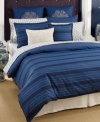 Classic comfort meets modern styling. This Westerly Stripe duvet cover set from Tommy Hilfiger features a landscape of blue stripes that reverse to a navy background with an ivory dot circle pattern. Button closure.