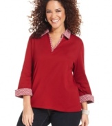 A darling dot print beautifully highlights Karen Scott's three-quarter-sleeve plus size top-- snag it at an Everyday Value price!