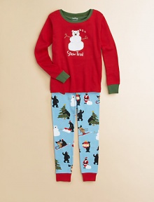 While the bears and moose have some holiday fun, the snowman catches some zzzzs in these delightful pjs with an appliquéd top and allover print bottoms.Ribbed contrast crew necklineLong sleeves with contrast ribbed cuffsElastic-waist bottoms with contrast ribbed cuffsCottonMachine washImported