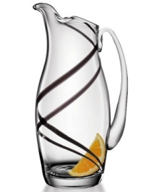 A ribbon of black in clear glass adds bold style to everyday drinks and cocktails. With a long handle and statuesque profile, this pitcher is a sophisticated twist on the ordinary.