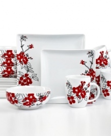 Bright red blossoms strewn across a pure white ground creates a classic look for your table in the Bloomaline dinnerware set from 222 Fifth. Crafted of porcelain for effortless care and everyday beauty.