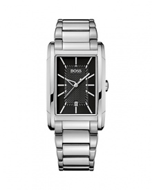 A classic stainless steel timepiece with streamline design featuring applied indexes and dual-texture dial with an outer sunray brush. From HUGO BOSS.