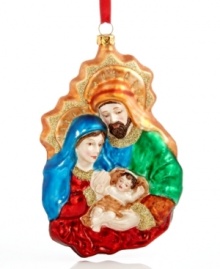 Bring the Holy Family to the forefront of your holiday tradition with this timeless ornament, featuring brilliant color and glitter in pure glass.