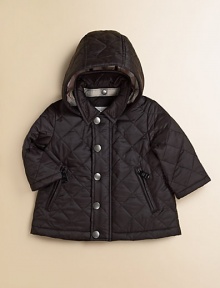 Quilted topper with zip-off, check-lined hood for two cool looks in one.Point collar Hidden front zipper with snap closure Zipper pockets Fully lined Nylon Machine wash Imported