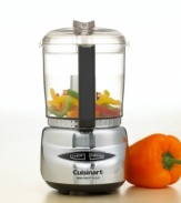 Cuisinart's peppy little food processor, now with an improved 4-cup bowl, makes a big impression with patented reversible blades and an innovativeesign to help you switch seamlessly from chopping to grinding with the push of a button. Three-year warranty. Model DLC-4CHB.