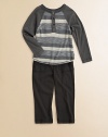 A handsome, striped set with long sleeves and matching cozy pants.  Shirt Ribbed crewneckLong sleevesButton-front Pants Elastic waistbandFront patch pocketsCotton/modal/spandexMachine washImported