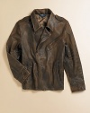 The Sierra leather jacket combines luxurious and rugged details for iconic heritage style.Pointed collarLong sleeves with single-button cuffsAsymmetrical front zipVentilating underarm grommetsAngled zip pocketsSlanted hand pocketsAdjustable side bucklesInterior chest pocketFully linedLeatherHand washImported