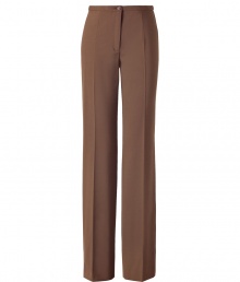 Luxurious pants in fine, cocoa brown pure wool stretch - New wide silhouette with narrow waistband - Figure flattering creases - Wonderfully elegant and fashionable, yet simple - Ingenious for 24/7  - Wear these pants with a blouse and cardigan in the office and in the evening with a chiffon blouse and biker jacket