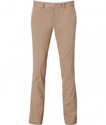 Add preppy-cool style to your workweek look with these modernized classic chinos from Woolrich - Flat front, belt loops, off-seam pockets, back welt pockets with button detail, slim fit - Pair with a modernized chambray shirt, a retro-style cardigan, and oxfords