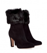 A luxurious fur cuff elevates these stylish suede booties from LAutre Chose - Round toe, mid-heel, side zip closure, rabbit fur cuff - Wear with a cocktail dress or mini skirt