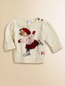 An essential cotton crewneck design features an adorable intarsia-knit skating bear and snowflake buttons along the shoulder.Ribbed crewneckLong puff sleevesShoulder buttonsCottonMachine washImported Please note: Number of buttons may vary depending on size ordered. 