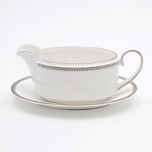 A beautiful collection for formal dining in white fine bone china with delicate platinum-hued rim accents.