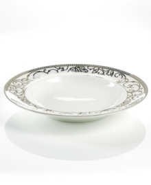 Intricate trim and scrolling vines in sparkling platinum make the Cru Athena soup bowl a fine-dining sensation and, in dishwasher-safe porcelain, a dream for after dinner as well.