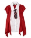 A necktie on the front of this cozy layered cardigan gives her a back-to-school look that sets its own rules.