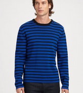 Handsome stripe pattern and an unexpected zip detail at the shoulder lends an impressive, modern aesthetic to a classic pullover design.CrewneckWoolHand washImported