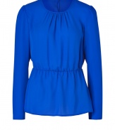 With its bright blue hue and breezy feminine cut, Theorys silk top lends an eye-catching accent to any outfit - Round neckline, long sleeves, elasticized waist, button-down back - Loosely tailored fit - Team with leather leggings and jet black accessories