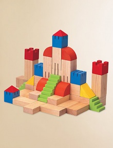 Let your child's imagination run wild with this creative 46-piece set with 18 color blocks and 28 natural blocks in 11 different shapes.About 3.73lbsRubberwoodWipe with damp clothRecommended for ages 3 years and upImported