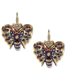 An elephant never forgets. These pretty pachyderm earrings from Betsey Johnson are embellished with multi-colored crystal accents and gold tone details. Crafted in antiqued gold tone mixed metal. Approximate drop: 1-1/3 inches.