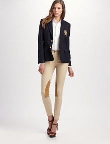 Crafted with traditional equestrian styling, this iconic silhouette features supple suede patches and snapped hems, all rendered in a stretch cotton twill.Low-rise belted waist with a charm accent Angled zip-pockets at hims Slim hip with shaping seams for a contoured fit Suede knee patches Snap tabs at hem Inseam, about 26 92% cotton/8% elastane Dry clean Imported